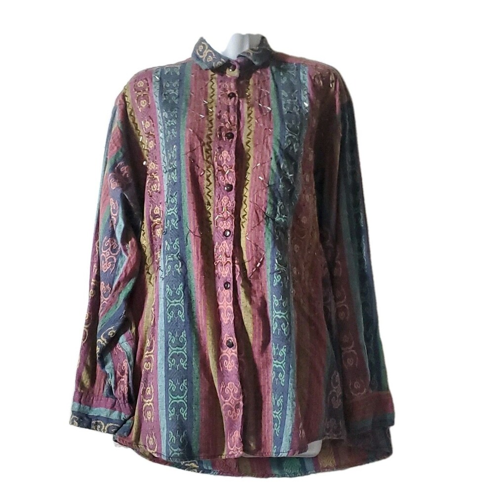 Vtg Thums Up L Striped Beaded Long Sleeve Shoulder Pads Button Down Shirt Women